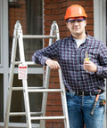 Man in plaid shirt and hard hat holding pliers next to a ladder with 60 Pack Ladder Inspection Tags for warehouse compliance.