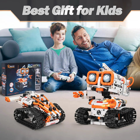 Father and son with 3 In 1 Remote And App Controlled STEM Robotics Kit For Kids Ages 8 To 12, 560 Piece Building Set