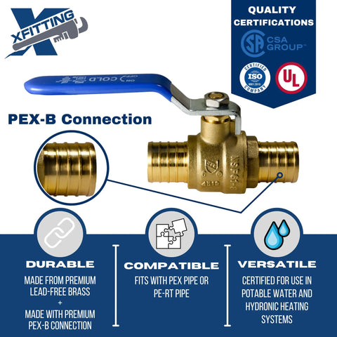 1 Inch PEX Ball Valve With Handle Hot And Cold Dual Pack For All PEX Tubing Brands, Works With Crimp Or Clamp Connection, blue handle