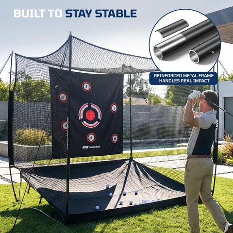Golfer practicing with Heavy Duty Golf Hitting Net With 3 Sided Protection Cage, 10x8x6ft Reinforced Steel Frame And Target Cloth