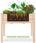 Raised Garden Bed On A Sturdy Wood Stand With Drainage And Bed Liner, Elevated Planter Box For Kids And Backyard Patio Veggies, 34 By 18 By 30 Inches, 150 Pound Capacity, Natural Finish, shown with plants and visible soil layers.