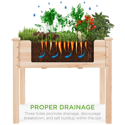 Raised Garden Bed On A Sturdy Wood Stand With Drainage And Bed Liner, Elevated Planter Box For Kids And Backyard Patio Veggies, 34 By 18 By 30 Inches, 150 Pound Capacity, Natural Finish, shown with plants and visible soil layers.