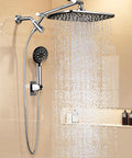 Chrome dual shower head set with 11.8-inch rainfall overhead head and detachable handheld wand on flexible hose with wall mount.