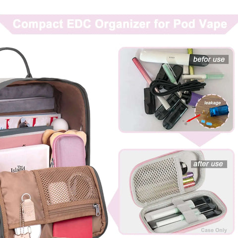 Heavy Duty Tech Travel Organizer Case For Vape Pods And Charging Cables Hella Slick Pink Mini Stash Bag showing before and after organization.