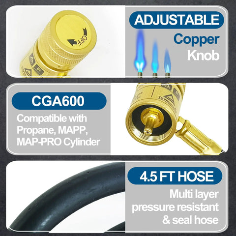 Details of Propane Torch Head With 4.7 Foot Hose For Easy Reach, showing adjustable copper knob, CGA600 interface, and hose close-up.