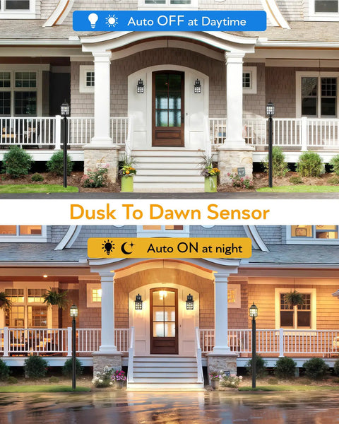 Outdoor Dusk To Dawn Post Light With A 3 Inch Pier Mount Base 19 Inch Tall Exterior Lantern Featuring Tempered Glass Anti Rust Die Cast Aluminum Construction Matte Black Hardwired 120V Lamp Post For Homes And Driveways showing auto on at night and off during day.