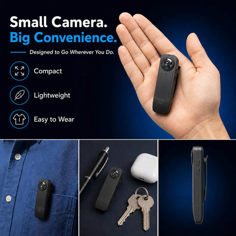 Compact Wearable Body Cam With Straight Up 1080p Hd Clips And Reliable Infrared Night Vision For Security Teams Or Road Warriors Featuring Extended Battery Life And Smooth Loop Recording No Stress At All in a hand for scale.