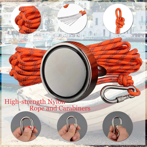 Beast Mode Heavy Duty 400 Lbs Neodymium Fishing Magnet Kit with 20M Nylon Rope and Carabiners for River and Lake Salvage