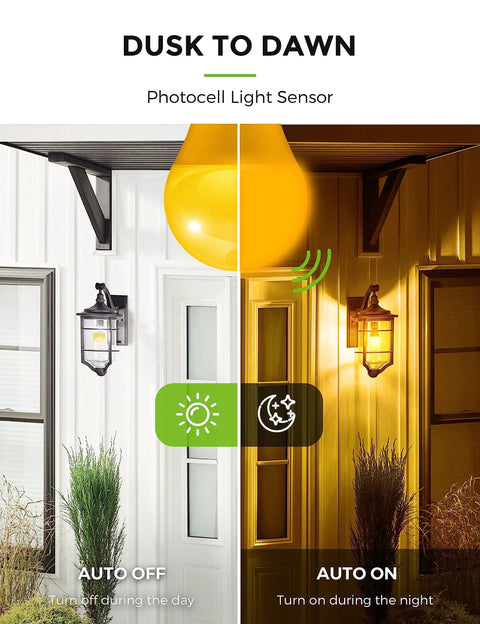 Amber Porch Light Bulbs With Dusk To Dawn Sensor For Outdoor Use, highlighting auto on and off feature on a porch.