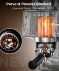 Next Level Espresso Machine With Built In Grinder And Automatic Milk Frother Compact Countertop 20 Bar High Pressure Pump showing upgraded grinder design and coffee beans.