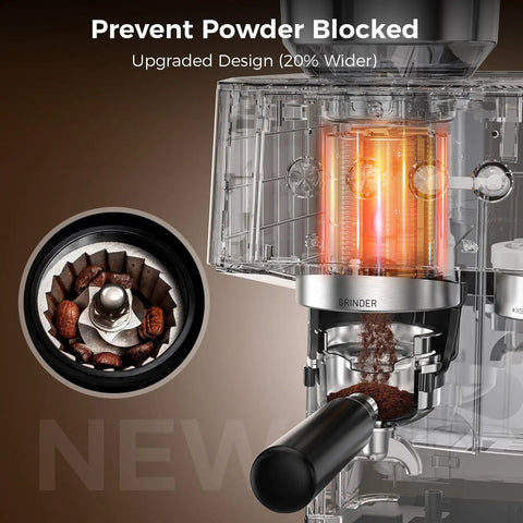 Next Level Espresso Machine With Built In Grinder And Automatic Milk Frother Compact Countertop 20 Bar High Pressure Pump showing upgraded grinder design and coffee beans.