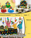 Nail The Party Vibe With This 310 Piece Building Block Birthday Decorations Kit with cups, napkins, and centerpieces.
