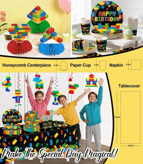 Nail The Party Vibe With This 310 Piece Building Block Birthday Decorations Kit with cups, napkins, and centerpieces.
