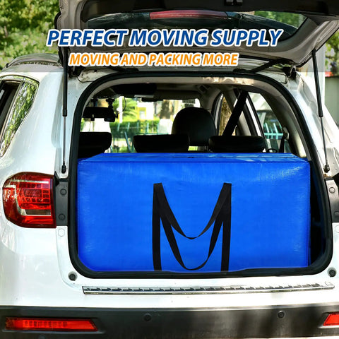 Heavy Duty 57 Gallon Jumbo Moving Bag With Extra Large 42 By 23 By 13.5 Inch Dimensions in car trunk for moving and storage