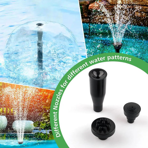 Submersible Fountain Pump 15W 800L/H With LED Lights, showing different water patterns with 3 nozzle types.