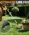 A person using a 3-In-1 Cordless String Trimmer With Auto Line Feed, Foldable Weed Eater Edger And Mower, 12-Inch Electric Weed Wacker for yard work.