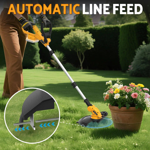 A person using a 3-In-1 Cordless String Trimmer With Auto Line Feed, Foldable Weed Eater Edger And Mower, 12-Inch Electric Weed Wacker for yard work.