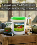 Epic Heirloom Survival Seed Kit With 100,000 Plus Seeds in a weatherproof bucket, shown on a camping setup with outdoor gear.