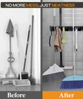 Comparison of cluttered brooms and organized tools using Heavy Duty ABS Plastic Broom Holder With Five Auto Adjustable Slots And Six Retractable Hooks Wall Mount Mop And Broom Hanger Waterproof Garage Tool Organizer With Screws