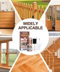 Top Shelf Water Based Wood Stain In Rich Teak Tone Non Toxic And Fade Resistant Formula in 250ml bottle shown with various wood applications.