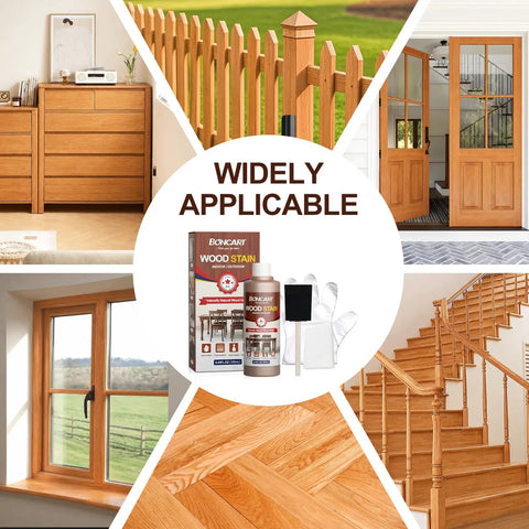 Top Shelf Water Based Wood Stain In Rich Teak Tone Non Toxic And Fade Resistant Formula in 250ml bottle shown with various wood applications.