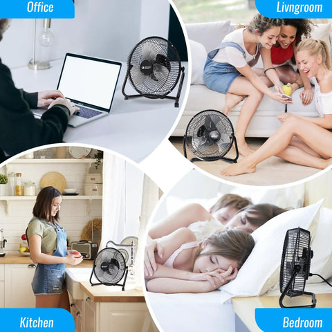 9 Inch Floor Fan With 3 Speed Settings, Portable Metal Design, Quiet Operation, 180 Degree Tilt in home office, living room, kitchen, bedroom scenes