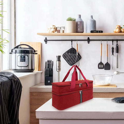 Kickass Deep Red Hand Blender Carry Case With Thick Padding For Snug Storage Of Immersion Blenders And Stick Mixers on a kitchen counter.