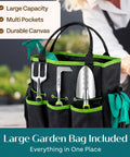 Durable Ergonomic Garden Tools Set With Rust Proof Steel, Comfortable Grips, Green Finish in tote bag with garden tools.