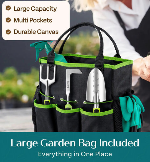 Durable Ergonomic Garden Tools Set With Rust Proof Steel, Comfortable Grips, Green Finish in tote bag with garden tools.