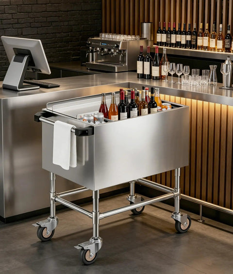 Ice Bin Cart With Wheels For Outdoor Parties And Patio Events A Portable Insulated Cooler Cart On The Go With Sliding Lid Removable Handle And Drain Pipe Large Capacity Ice Storage Bin For Easy Party Prep in a modern bar setting with beverages