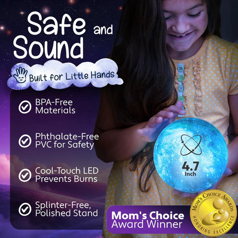 Young girl holding a Galaxy Moon Lamp with Multi Color Glow, Touch Or Remote Control, Wood Stand, Lit Galaxy Night Light, 4.7 Inch.