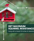 Country House Squirrel Proof Bird Feeder With Weathervane 8 Lb Seed Capacity All Metal Durable Construction Easy Fill Outdoor Feeder Rustic Red Backyard Decor For Birds hanging with measurement details
