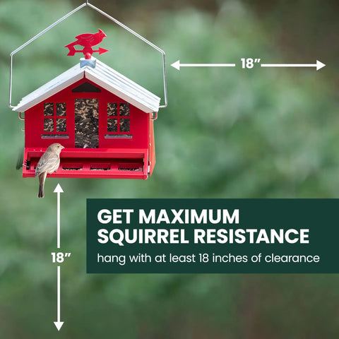 Country House Squirrel Proof Bird Feeder With Weathervane 8 Lb Seed Capacity All Metal Durable Construction Easy Fill Outdoor Feeder Rustic Red Backyard Decor For Birds hanging with measurement details
