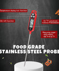Digital kitchen thermometer with stainless steel probe highlighting features like on-off, temp lock, and C/F conversion in red.
