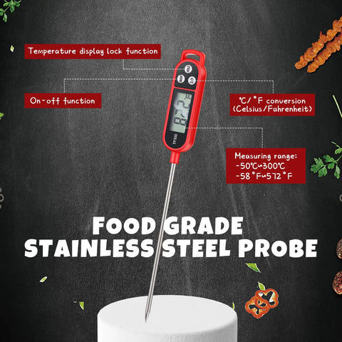 Digital kitchen thermometer with stainless steel probe highlighting features like on-off, temp lock, and C/F conversion in red.