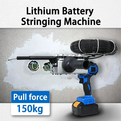Top Shelf Automatic Electrician Wire Pulling Machine With Brushless Motor Finger Trigger Control And Flexible Shaft For No Sweat Conduit Runs And Smooth Drywall Chasing showing lithium battery and pull force of 150kg.