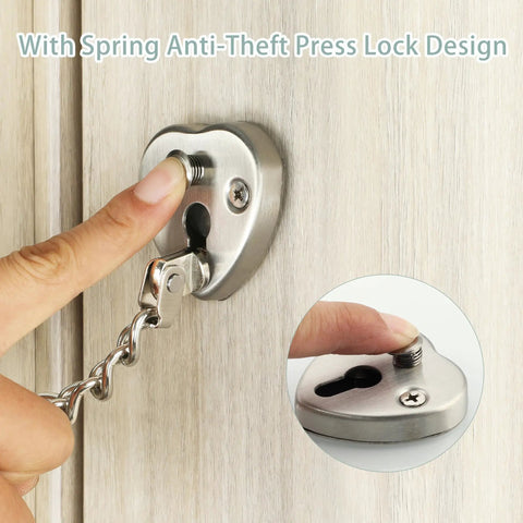 Close-up of Heart Shaped Door Chain Lock With Press To Unlock Adjustable 3mm Chain Kid Proof Security installed on door.