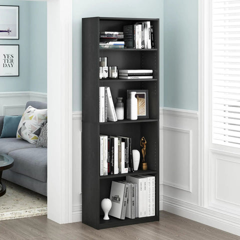 Go-To Five-Tier Bookshelf With Adjustable Shelves In Blackwood Finish For Living Room Bedroom And Home Office Space Saving Storage