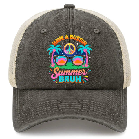 Bussin Summer We Out Cool Hat For Women Cute Tennis Trucker Caps With colorful graphic front view with mesh ventilation