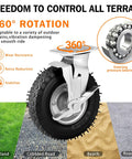 Heavy Duty Pneumatic Caster Wheels 8 Inch 4 Pack With 2 Swivel Brakes And 2 Rigid Rollers showing 360-degree rotation, adaptable for various terrains.