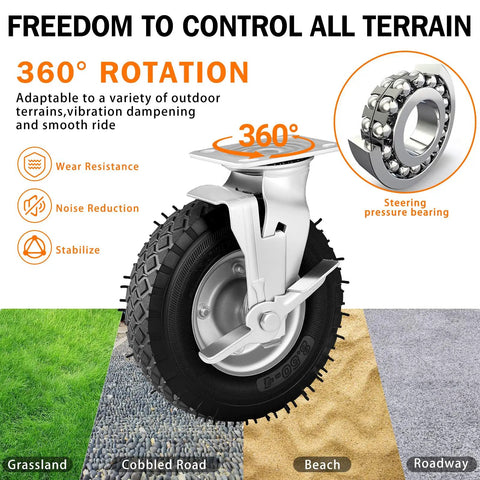 Heavy Duty Pneumatic Caster Wheels 8 Inch 4 Pack With 2 Swivel Brakes And 2 Rigid Rollers showing 360-degree rotation, adaptable for various terrains.