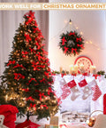 Christmas tree with red ribbons and lights, wreath on wall, stockings on fireplace, cozy festive living room scene.
