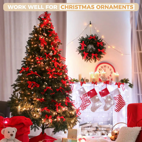 Christmas tree with red ribbons and lights, wreath on wall, stockings on fireplace, cozy festive living room scene.