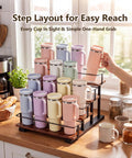 4 Tier Water Bottle Organizer Rack with wooden shelves holding colorful 40oz tumblers in a kitchen setting