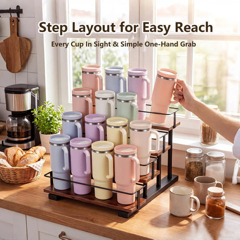 4 Tier Water Bottle Organizer Rack with wooden shelves holding colorful 40oz tumblers in a kitchen setting