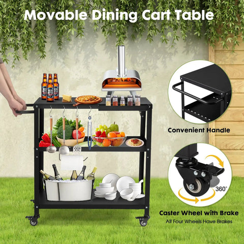 Outdoor Grill Cart Table With Pizza Oven Stand For Indoor And Outdoor Cooking 4 Locking Casters Side Handle Hooks Spice Caddy