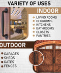 10 Inch Round Rustic Barn Door Handle In Black Steel Versatile Pull For Sliding Doors Gates Garages Sheds Fences Closets And Pantries Indoor And Outdoor Use With Easy Install Durable Black Powder Coated Finish For Weather Resistance And Smooth Operation shown in indoor and outdoor settings with examples of use.