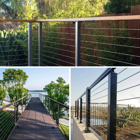 Deck with One Eighth Inch Stainless Steel Cable 300 Ft Railing Cable Kit With Cutter For Deck Handrail DIY Balustrades 7x7 Construction T316 Rustproof Outdoor Wire shown installed, highlighting cable tension.