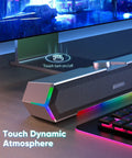 G11 Desktop Computer Speakers With Touch Lights, Immersive Surge Stereo Sound shown under monitor with touch dynamic lights.
