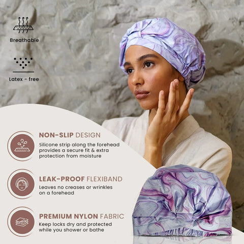 Woman wearing a reusable waterproof shower cap for women with nonslip silicone forehead strip, marble pattern, soft breathable durable cap.